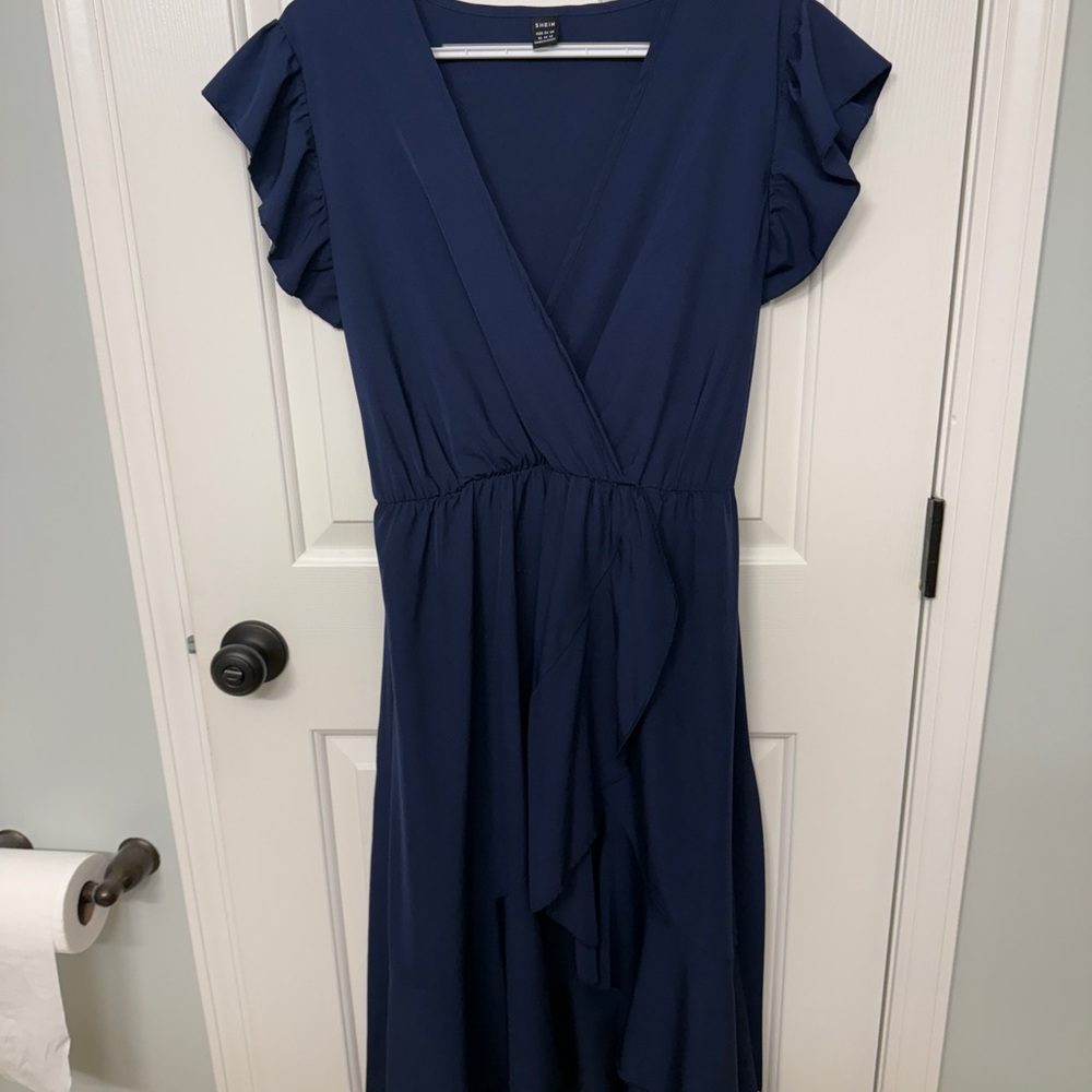 SHEIN Blue Asymmetrical Wrap Sundress